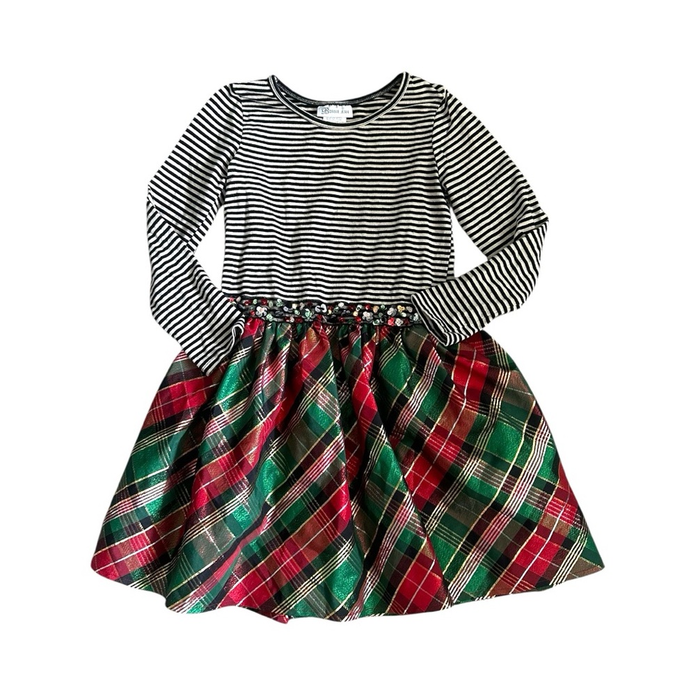 Bonnie Jean Long Sleeve Lurex Knit Stripe Top Plaid Holiday Dress